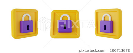 3D lock icon set, padlock illustration, digital cartoon computer render data security kit, keyhole.  100713678