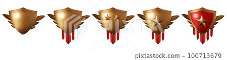 3D bronze shield set, royal award kit, realistic metal render trophy, level up medieval game badge.  100713679