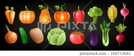 3D vegetables icon set, vector farm nature food kit, healthy cooking collection, autumn harvest.  100713681