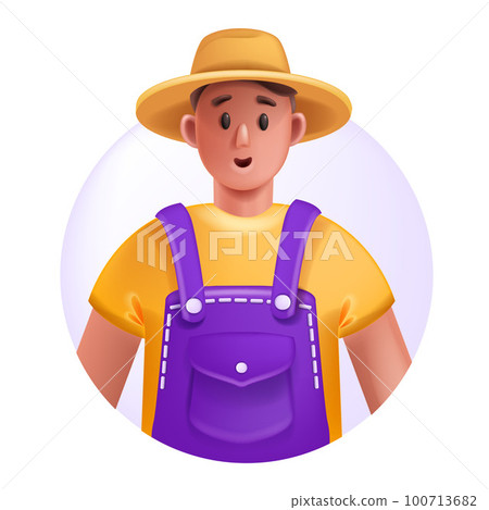 3D farmer avatar icon, vector young gardener, cartoon male character, smiling face, sun hat overalls 3D farmer avatar icon, vector young gardener, cartoon male character, smiling face, sun hat overalls 100713682