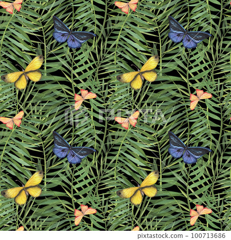 Seamless pattern tropic plants and butterfly watercolor isolated on white. Watercolor hand drawn botanical llustration Seamless pattern tropic plants and butterfly watercolor isolated on white. Watercolor hand drawn botanical llustration 100713686