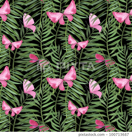 Seamless pattern tropic plants and butterfly watercolor isolated on white. Watercolor hand drawn botanical llustration Seamless pattern tropic plants and butterfly watercolor isolated on white. Watercolor hand drawn botanical llustration 100713687