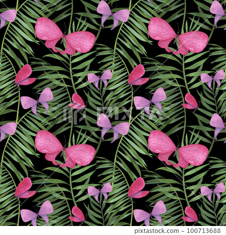 Seamless pattern tropic plants and butterfly watercolor isolated on black. Watercolor hand drawn botanical llustration Seamless pattern tropic plants and butterfly watercolor isolated on black. Watercolor hand drawn botanical llustration 100713688
