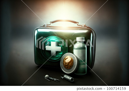 First aid kit with abstract box, medicines and supplies. Emergency health care equipment set. Generated AI. 100714159