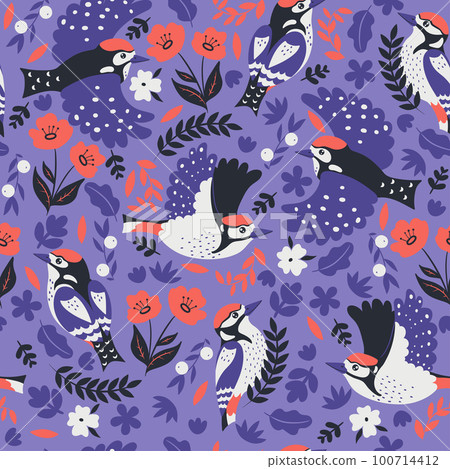 Seamless pattern with woodpeckers and flowers. Vector graphics. Seamless pattern with woodpeckers and flowers. Vector graphics. 100714412