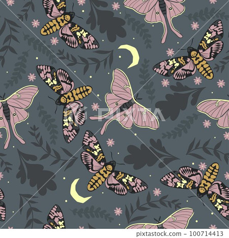 Seamless pattern with leaves and moths.Vector graphics 100714413