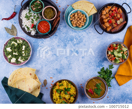 Assorted of traditional Indian food. 100715012