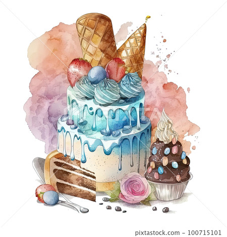 Watercolor Birthday Cake. Illustration AI Generative 100715101