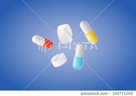 3d Health Care Concept Plasticine Cartoon Style Different Pills and Capsule on a Blue. Vector illustration 100715289