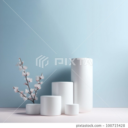Elegant podium scene for product presentation with decorative flowers and branches still life style. Mockup. 100715428