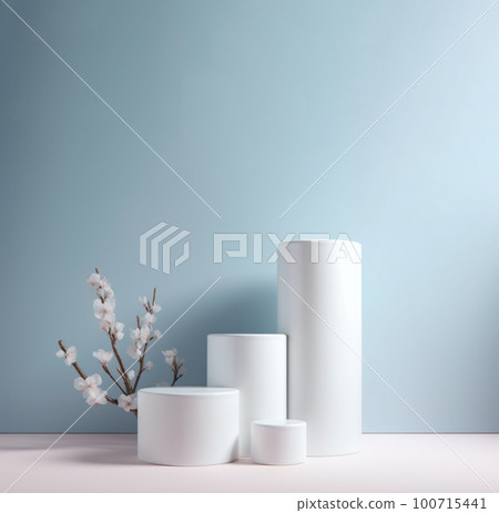Elegant podium scene for product presentation with decorative flowers and branches still life style. Mockup. Elegant podium scene for product presentation with decorative flowers and branches still life style. Mockup. 100715441