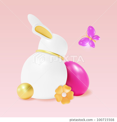 3d Happy Easter Concept Plasticine Cartoon Style Include of Butterfly, Flower and Rabbit. Vector illustration of Spring Holiday 100715508