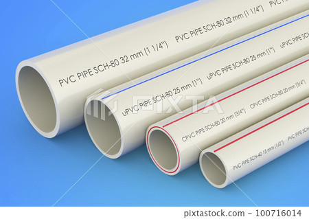 PVC pipes, composite pipe, uPVC pipe, cPVC pipe on blue background, 3D rendering 100716014