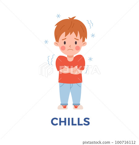 Sad child boy having chills flu symptom flat style, vector illustration Sad child boy having chills flu symptom flat style, vector illustration 100716112