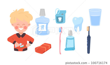 Set of tools for brushing teeth flat style, vector illustration 100716174