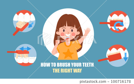 Teeth brushing instruction for kids, cartoon flat vector illustration. 100716178