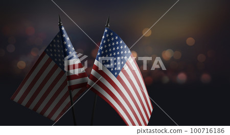 Small flags of the USA on an abstract blurry background Small flags of the USA on an abstract blurry background 100716186