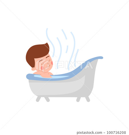 Happy little boy takes a bath by himself, flat vector illustration isolated. Happy little boy takes a bath by himself, flat vector illustration isolated. 100716208