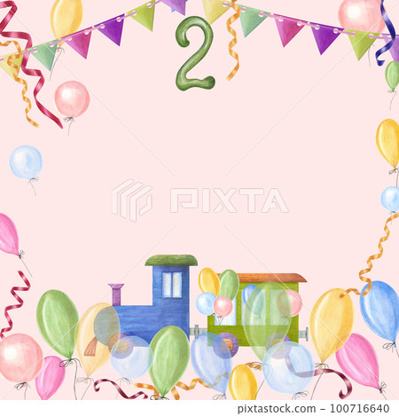 Watercolor card for children's birthdays isolated on pink background. Hand painted illustration for greeting card, poster, background, postcard, for nursery, kids room decor. Watercolor card for children's birthdays isolated on pink background. Hand painted illustration for greeting card, poster, background, postcard, for nursery, kids room decor. 100716640