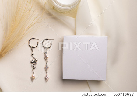 Elegant jewelry set of silver earrings with gem and gift box mock up copy space. Jewelry set minimalist style. Handmade bijouterie concept. 100716688