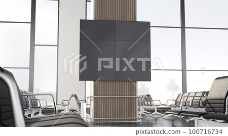 Blank black led display in airport lounge mockup, front view 100716734
