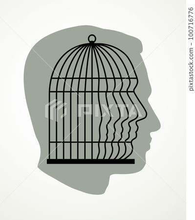 Iron cage in form of man face. Vector drawing icon 100716776