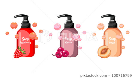 Bottles with liquid fruit soap, vector set. Icons, illustrations 100716799