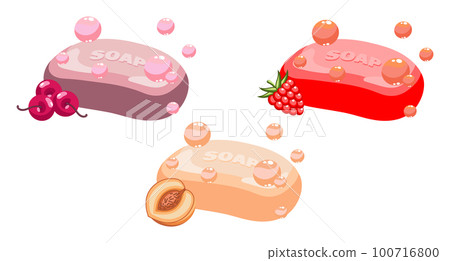 Pieces of fruity soap with soap bubbles, vector set. Icons, illustrations Pieces of fruity soap with soap bubbles, vector set. Icons, illustrations 100716800