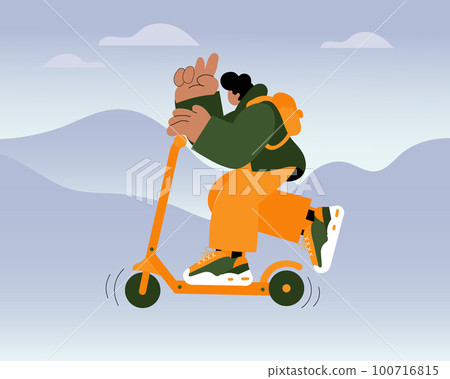 A young guy on an electric scooter. Cartoon trend illustration, vector A young guy on an electric scooter. Cartoon trend illustration, vector 100716815