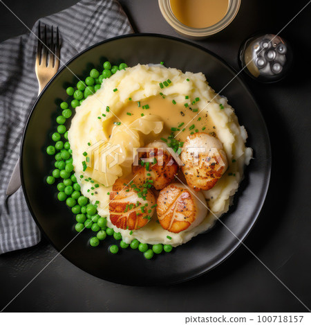Scallops with mashed potatoes on a ceramic plate Scallops with mashed potatoes on a ceramic plate 100718157