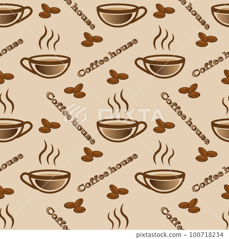 Seamless pattern with cup of coffe and text on a brown background Seamless pattern with cup of coffe and text on a brown background 100718234