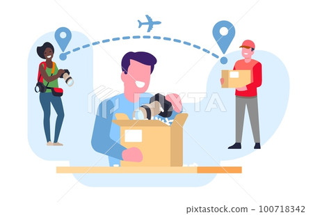 Young guy looks at purchase that came in cardboard box from distant vendor. Parcel shipping by airplane. Camera delivery. Global cargo logistic. International trade. Vector concept 100718342