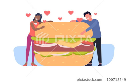 Young couple lovingly hugging yummy burger. Unhealthy snack. Man and woman cuddling hamburger. Love hearts. Fast food. Big bread bun with meat. Harmful diet. Fat lunch. Vector concept 100718349