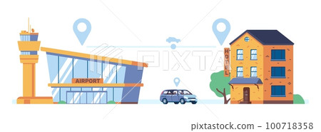 Shuttle from airport to hotel. Airplane arrival terminal and hostel building. Transport driving route. Location pins. Transportation of passengers and luggage to motel. Vector concept 100718358