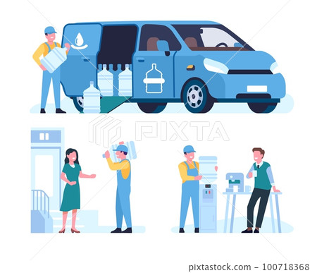 Purified water delivery service to office and home. Worker changing bottle of cooler. Courier automobile van. Man carrying plastic aqua canisters. Bottled liquid shipping. Vector concept 100718368