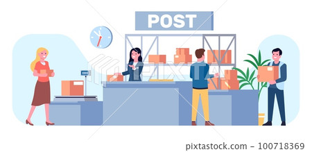 Post office. Parcel pickup and delivery. Cardboard boxes send and receive. Postal service workers. Order packages. Man and woman at reception desk. Packs distribution. Vector concept Post office. Parcel pickup and delivery. Cardboard boxes send and receive. Postal service workers. Order packages. Man and woman at reception desk. Packs distribution. Vector concept 100718369