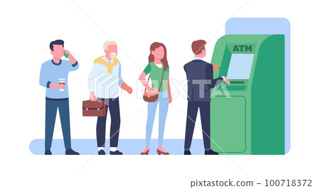 People standing in waiting line at ATM. Queue of men and women to payment terminal. Banking finance transfer. Automated machine. Withdrawing money. Electronic cashpoint. Vector concept People standing in waiting line at ATM. Queue of men and women to payment terminal. Banking finance transfer. Automated machine. Withdrawing money. Electronic cashpoint. Vector concept 100718372