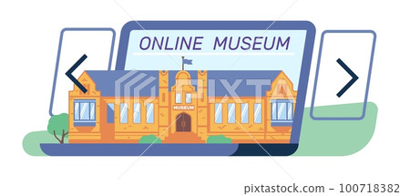Online museum in modern laptop. Art and history web exhibition showing. Internet gallery. Virtual exposition. Computer interactive guide excursion. Network technology. Vector concept Online museum in modern laptop. Art and history web exhibition showing. Internet gallery. Virtual exposition. Computer interactive guide excursion. Network technology. Vector concept 100718382