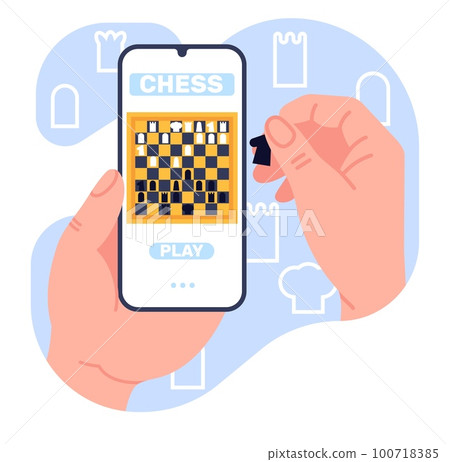 Online chess game or tournament on your smartphone. Players hands holding phone. Web competition. Chessboard with rook and pawn pieces. Competitive strategy challenge. Vector concept Online chess game or tournament on your smartphone. Players hands holding phone. Web competition. Chessboard with rook and pawn pieces. Competitive strategy challenge. Vector concept 100718385