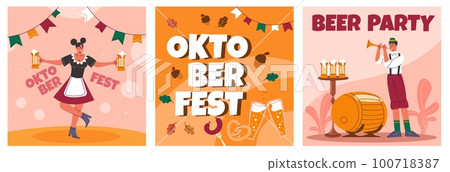 Oktoberfest cards. Bavarian big festival. German traditional autumnal holiday. Annual beer celebration. Drinks and snacks. Party invitation. People in national costumes. Recent vector set Oktoberfest cards. Bavarian big festival. German traditional autumnal holiday. Annual beer celebration. Drinks and snacks. Party invitation. People in national costumes. Recent vector set 100718387