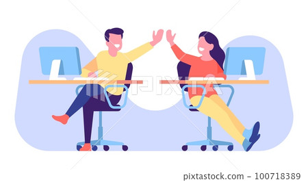 Office workers high five each other as sign of teamwork. People working together. Man and woman sitting at tables. Employees collaboration. Professional cooperation. Vector concept Office workers high five each other as sign of teamwork. People working together. Man and woman sitting at tables. Employees collaboration. Professional cooperation. Vector concept 100718389