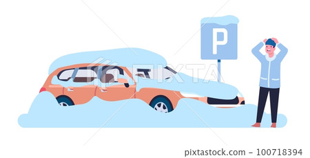 Man frightened by sight of car covered in snow. Automobile in snowdrift. Upset confused driver. Winter snowstorm and snowfall. Cold season precipitation. Frozen vehicle. Vector concept 100718394