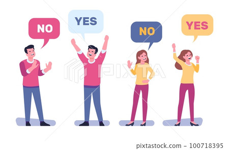 Man and woman express different opinions. People with speech bubbles. Agreement or disagreement. Communication problems. Persons say yes or no answers. Vector opposite decisions set 100718395