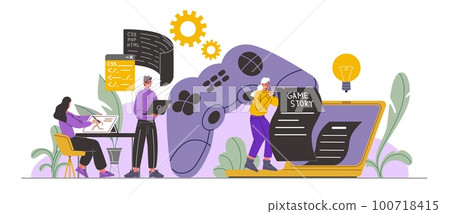 Game developers. Designers and screenwriters. Programmers working on digital product. Professionals create gaming characters and play script. People coding PC software. Vector concept 100718415