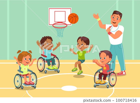 Disabled kids sport. Physical teacher trains children in wheelchairs. Athletes with disabilities play basketball. Handicapped teens and trainer on streetball court. Splendid vector concept Disabled kids sport. Physical teacher trains children in wheelchairs. Athletes with disabilities play basketball. Handicapped teens and trainer on streetball court. Splendid vector concept 100718416