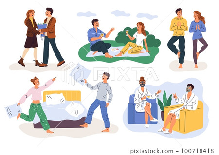 Cute couple spend time together. Friends activities. Guys and girls fight with pillows at pajama party. People drink wine at picnic. Home spa. Persons practice yoga. Garish vector set 100718418