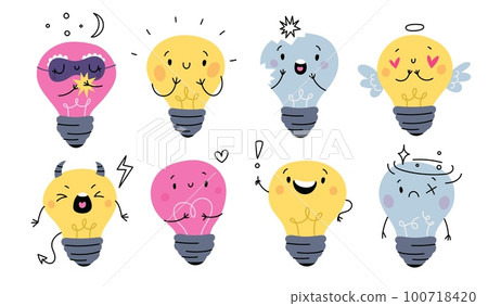 Cartoon light bulbs characters. Glowing and broken lamps with funny faces. Idea symbol. Invention and brainstorming emoticons. Sad or happy lightbulbs. Garish vector smiling mascots set 100718420