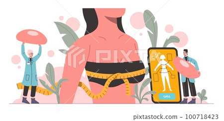 Breast plastic surgery. Augmentation or lifting. Female body part improvement. Silicone implants installation. Aesthetic medicine. Smartphone woman operation planning. Vector concept 100718423