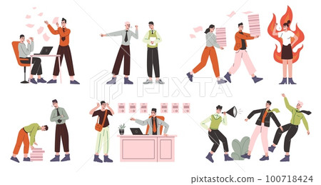 Angry screaming bosses. Workplace abuse. Brutal management. Nervous working environment. Harassed employee. Furious manager. Exhausted workers. Vector stressful office situations set 100718424