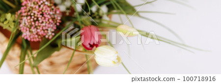 Basket with fresh spring flowers on a white background. Basket with fresh spring flowers on a white background. 100718916